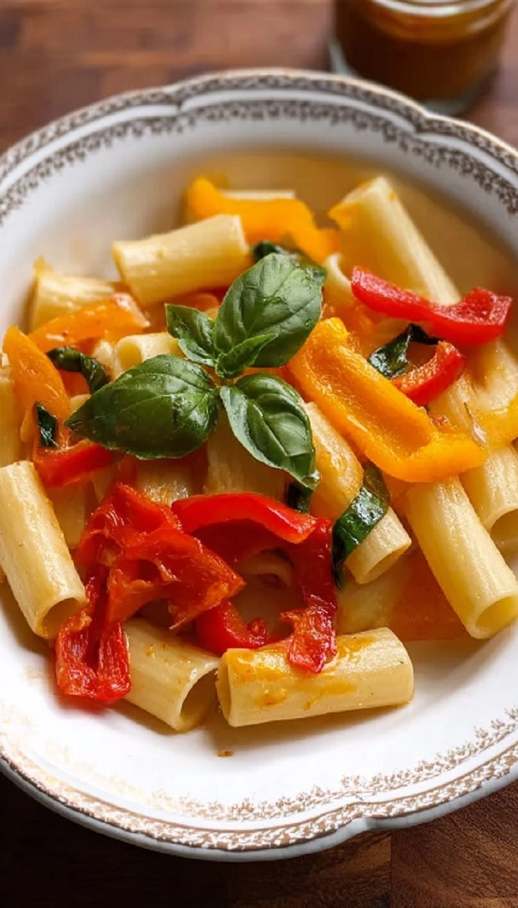 Roasted Bell Pepper Sauce With Garlic, Basil, and Pasta